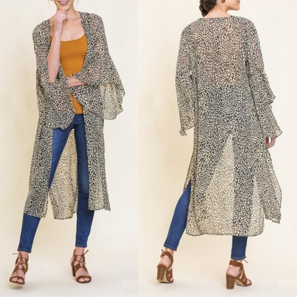 Umgee Tops - 🎉HP🎉 Umgee Animal Print Chiffon Bell Sleeve Long Kimono Open Front Side Slit